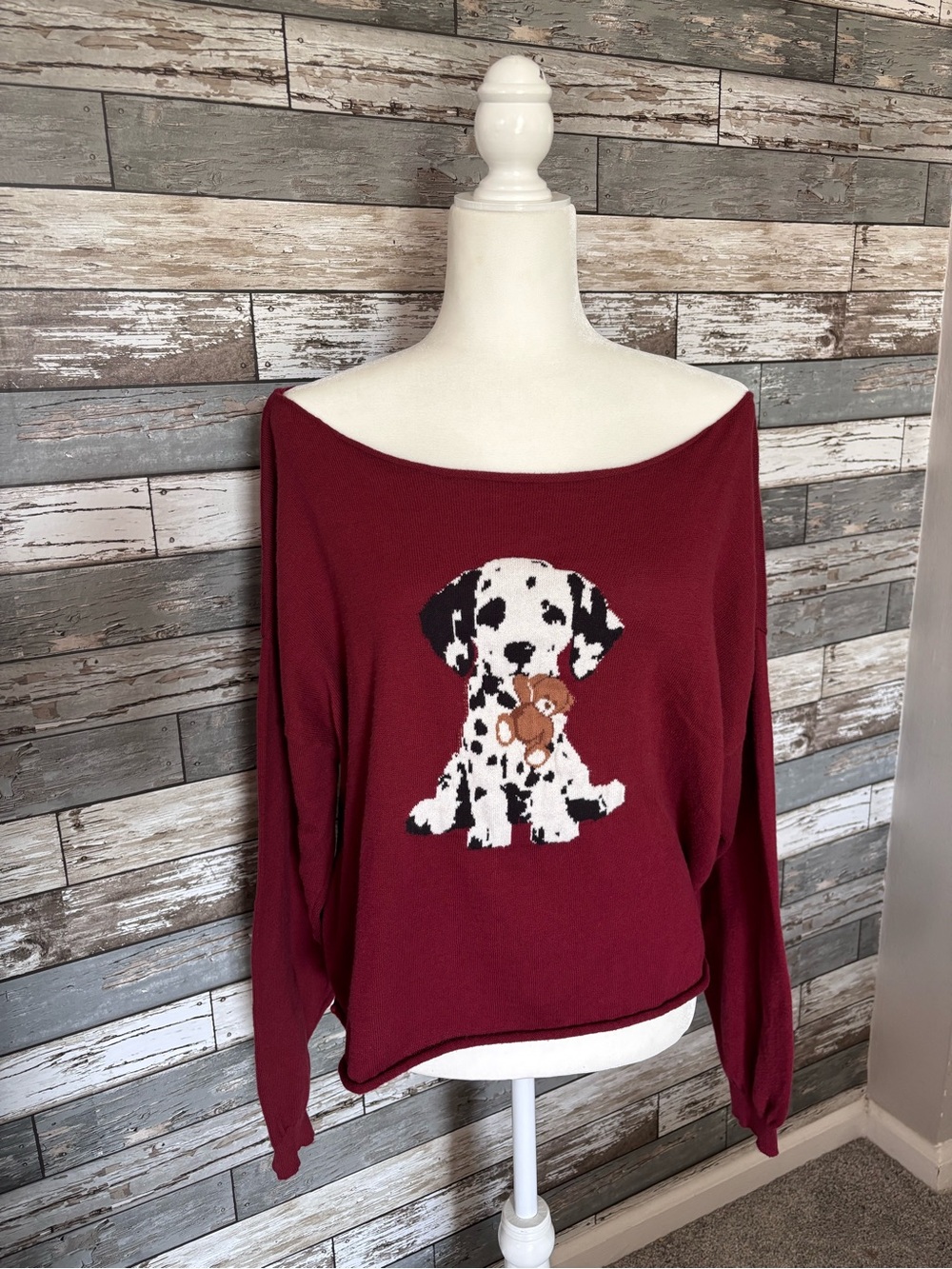 Aeropostale Dalmatian Teddy Bear Knit Off Shoulder Oversized Sweater Womens XL